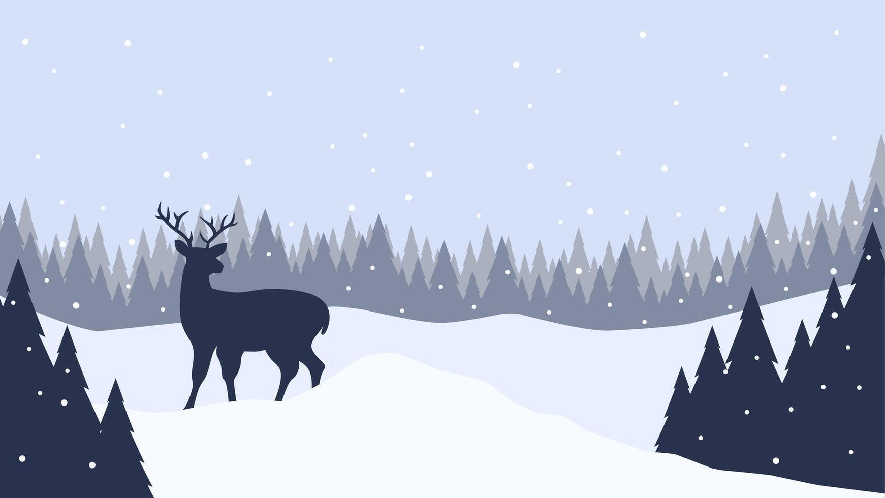 Wildlife landscape of reindeer in a winter scenery. Panoramic view of reindeer on a snowy hill with coniferous trees. Scenic landscape with reindeer on a cold season vector