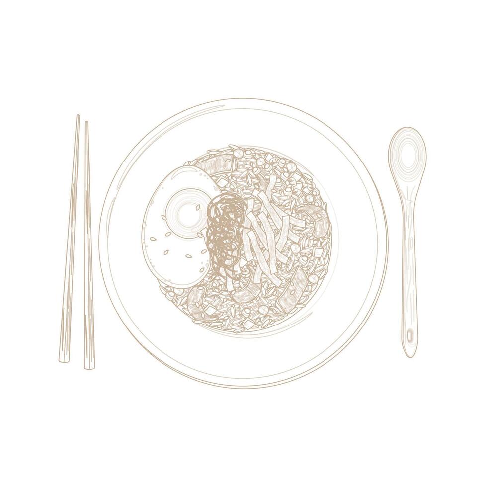 Illustration Logo Line art Top View Kimchi Fried Rice on a Plate vector