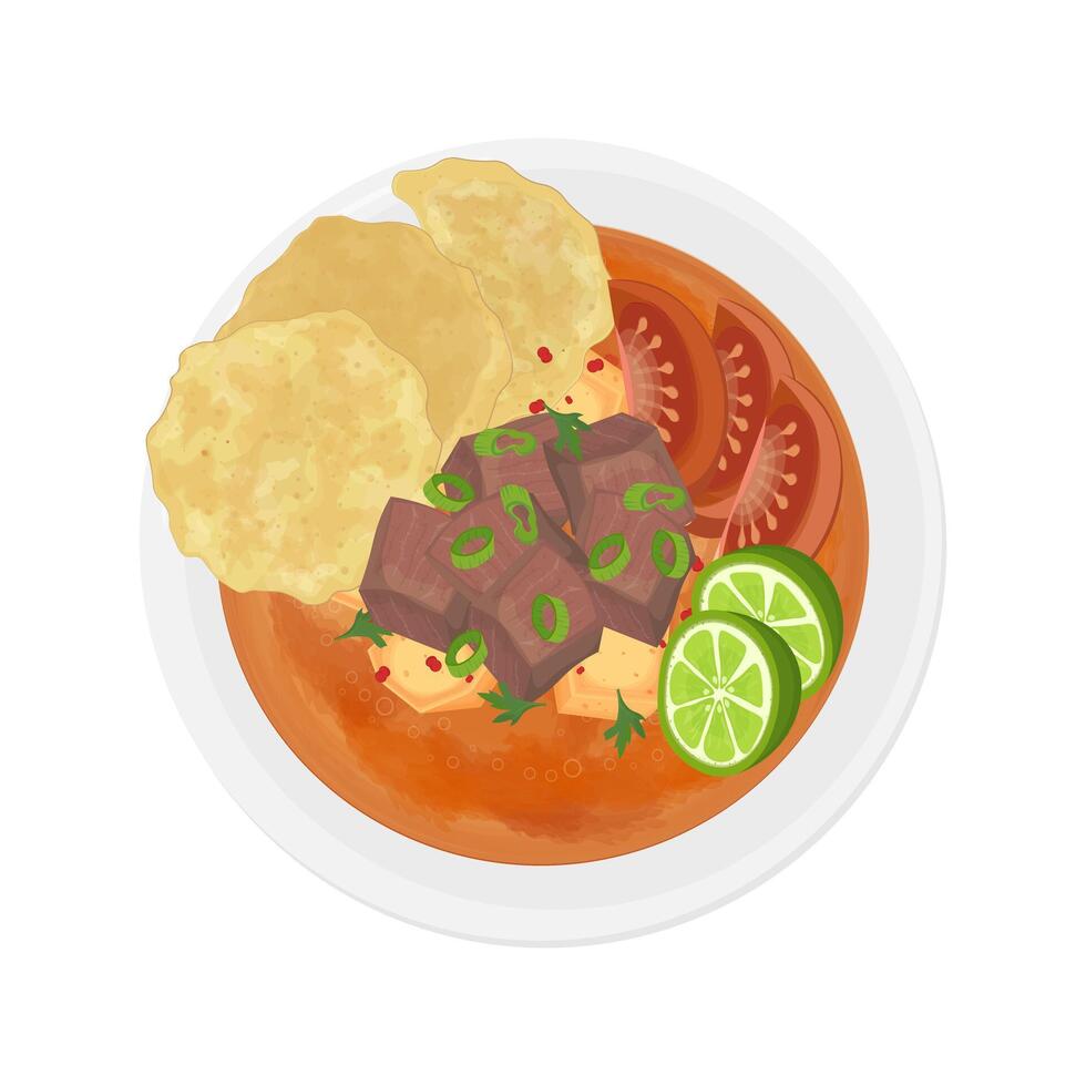 Illustration Logo Clipart Top View Soto Betawi or Soto Tangkar with Emping Melinjo on a Bowl vector