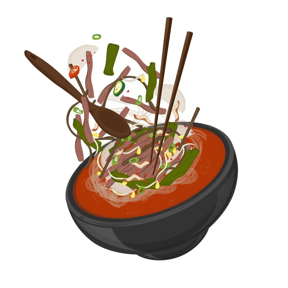 Illustration Logo Clipart Levitation Yukgaejang Spicy Beef Soup with Vegetables vector