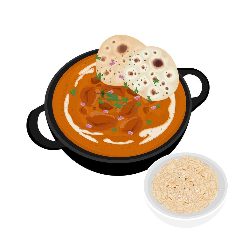 Illustration Logo Clipart Indian Butter Chicken or Chicken Makhani with Naan Bread and Rice vector