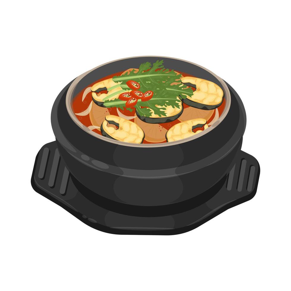Illustration Logo Clipart Spicy Korean Fish Stew or Maeuntang on a Ttukbaegi vector