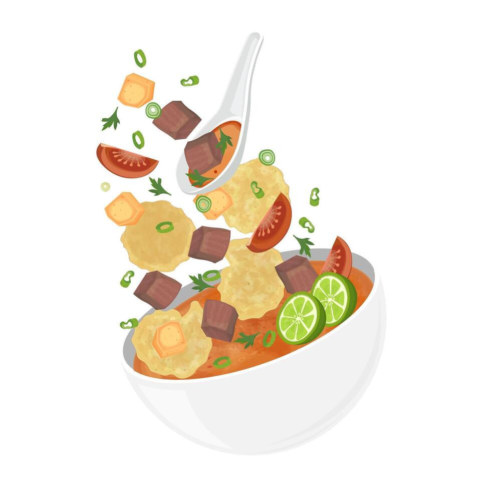 Illustration Logo Clipart Levitation Soto Betawi or Soto Tangkar Indonesian Beef Milk Soup vector