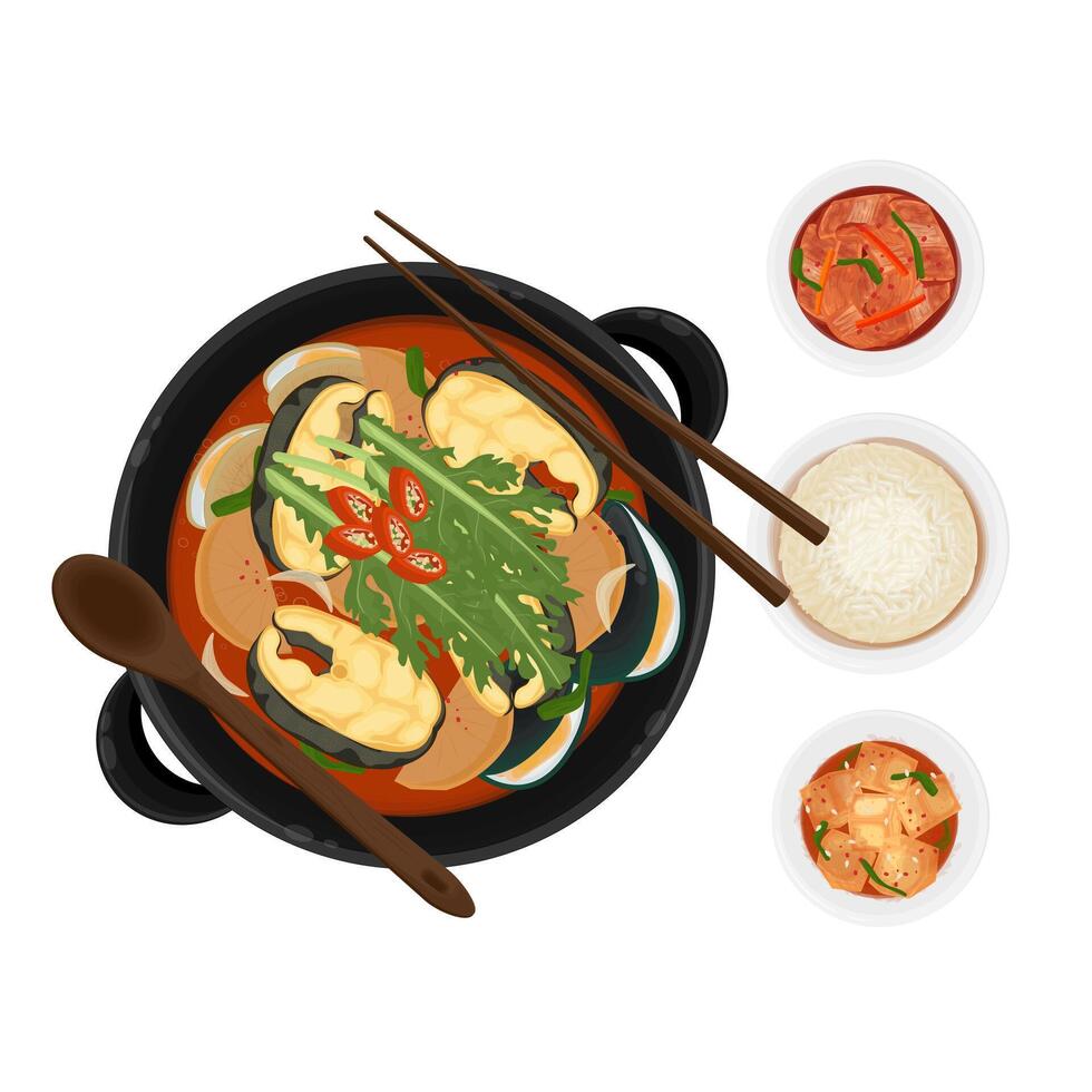 Illustration Logo Clipart Top View Maeuntang Spicy Korean Fish Soup with Kimchi and Rice vector