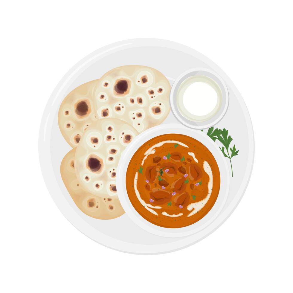 Illustration Logo Clipart Top View Indian Butter Chicken or Tikka Masala with Naan Bread vector