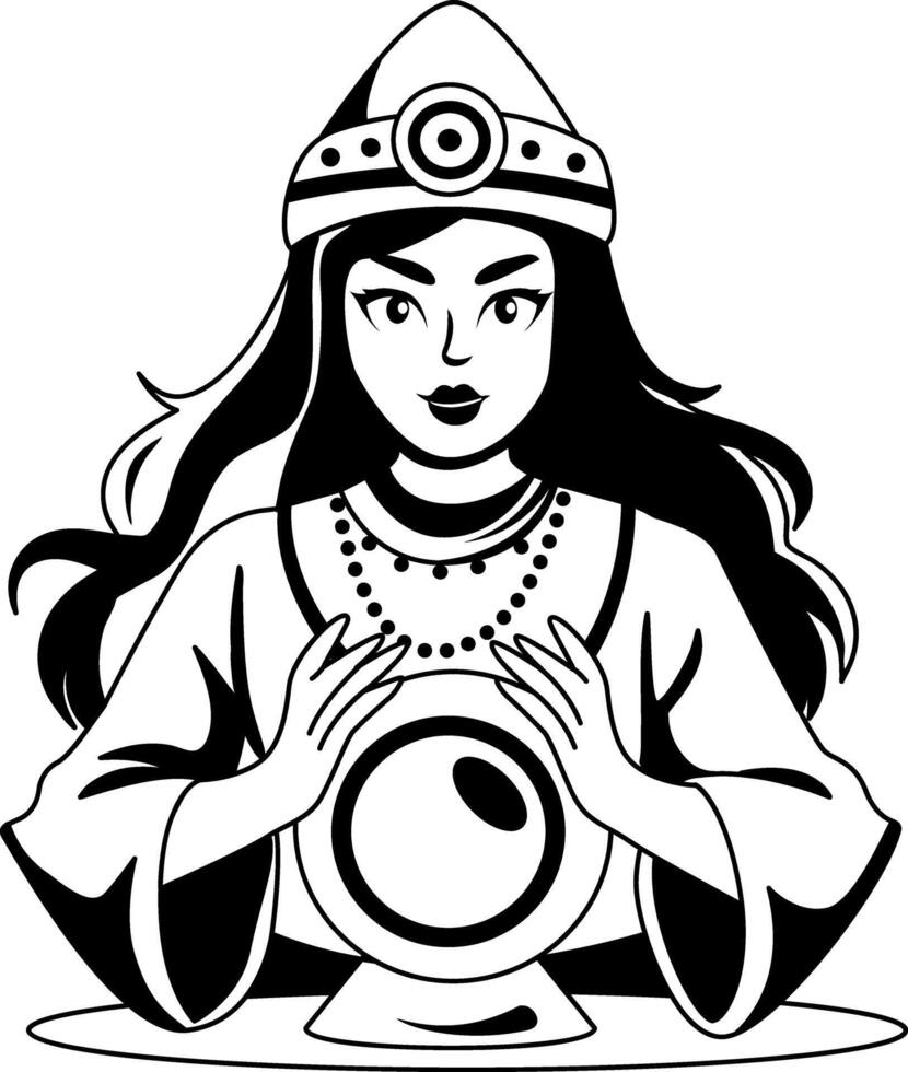Fortune teller with a crystal ball illustration in glyph style vector