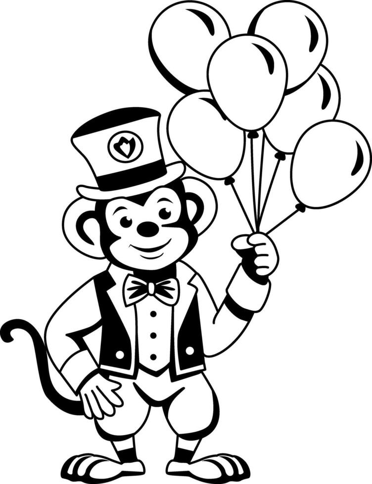 A glyph illustration of a circus monkey holding balloons vector
