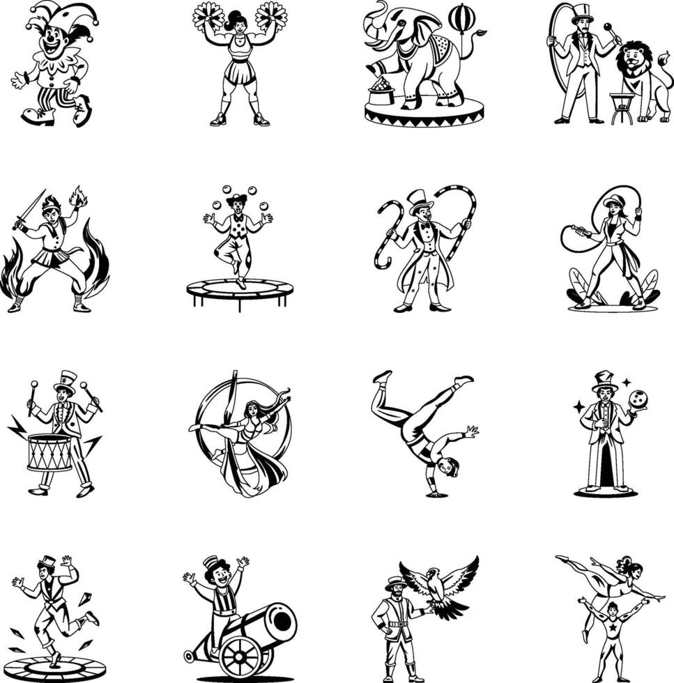 Collection of Glyph Style Carnival Characters Illustrations vector