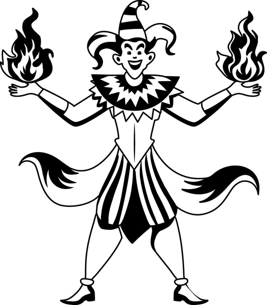 A glyph illustration of a jester performing fire show vector