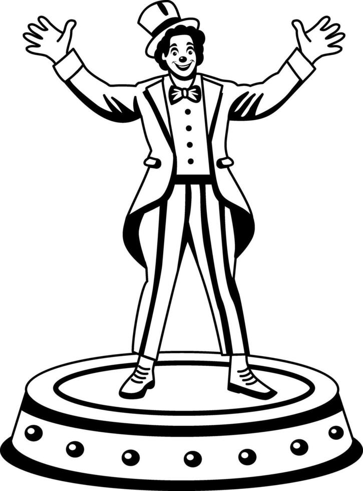 A glyph illustration of a circus ringmaster character standing on a stage vector