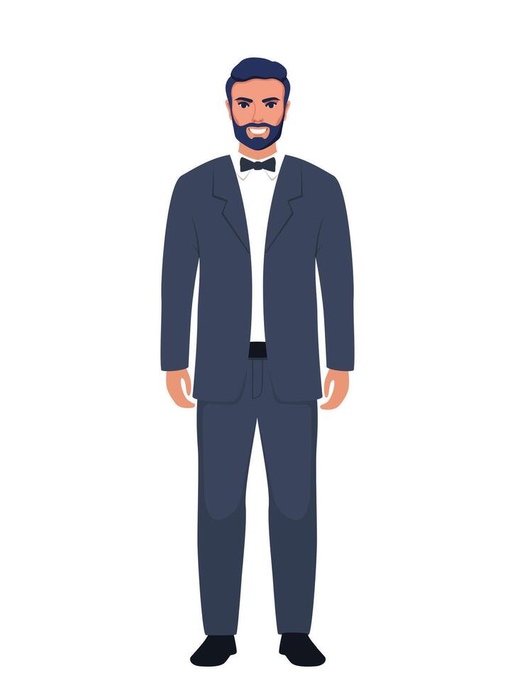 Man in wedding suit and tuxedo on wedding day, marriage ceremony. illustration. vector