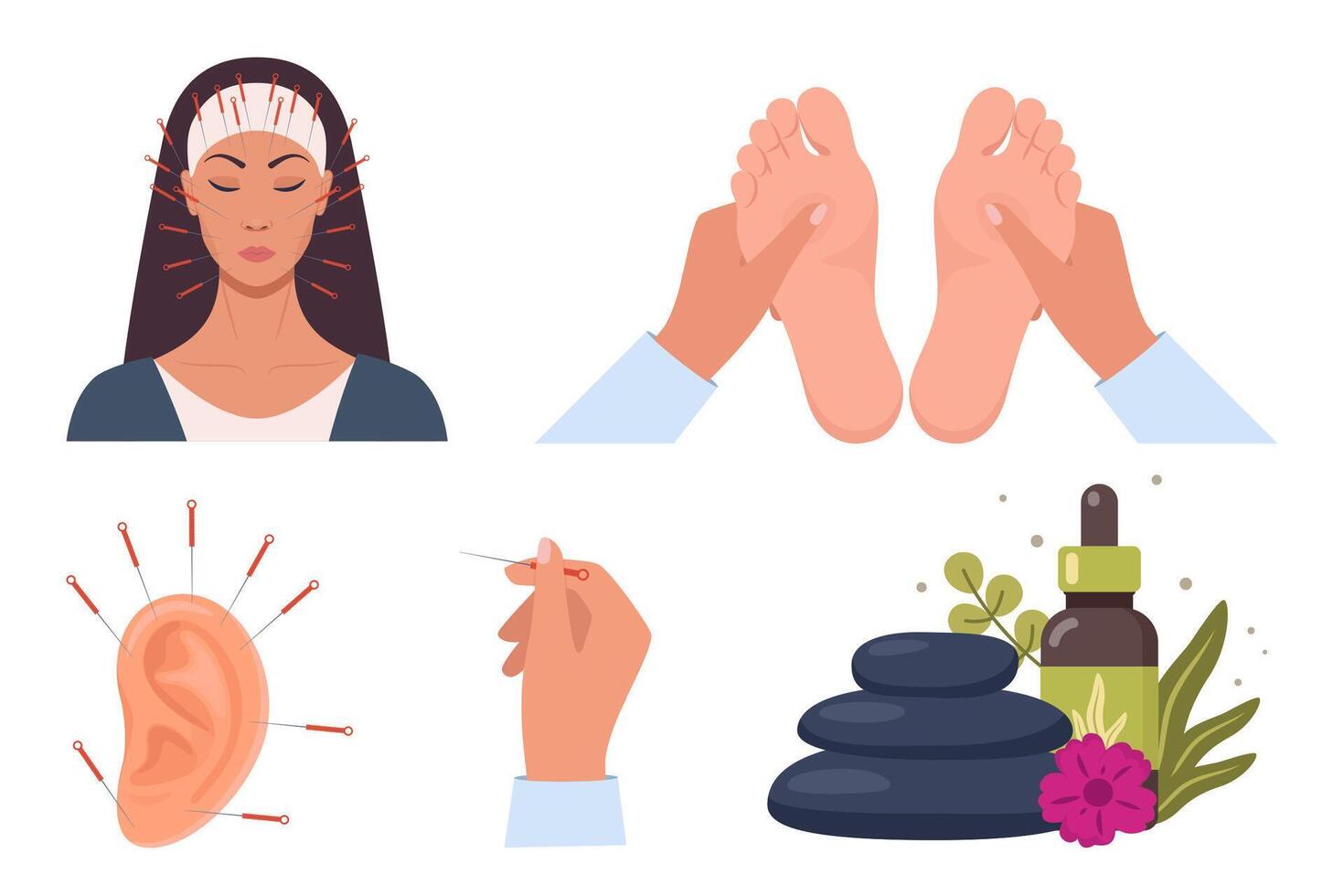 Alternative. Holistic center, naturopathic medicine, acupuncture, aromatherapy, massage, spa. Elements for web site, print design, business card. vector