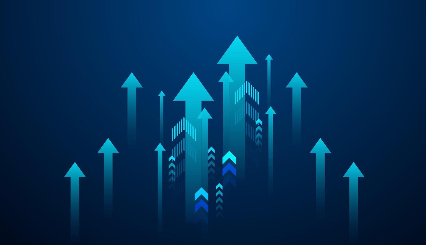 growing up arrows on gradient blue background. and Group of upward arrows against a dark blue background represents growth, progress, and bullish market vector