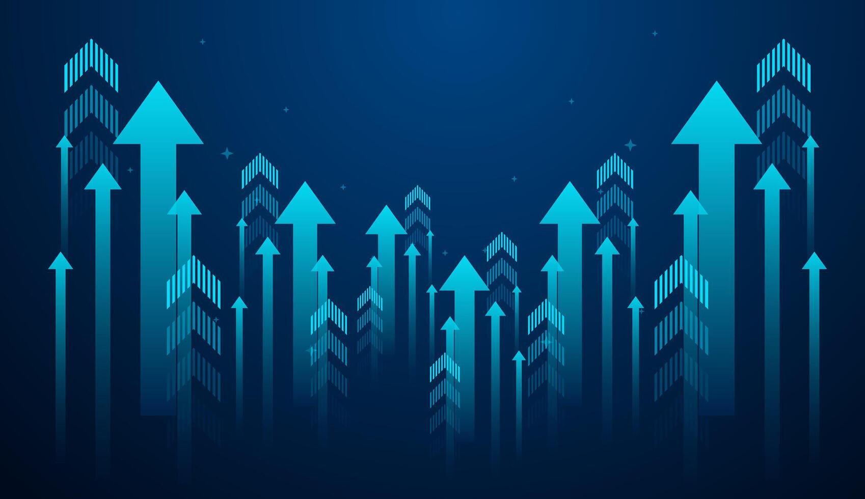 The upward arrows against a dark blue background represents growth, progress, and bullish market movement. growing up arrows concept vector