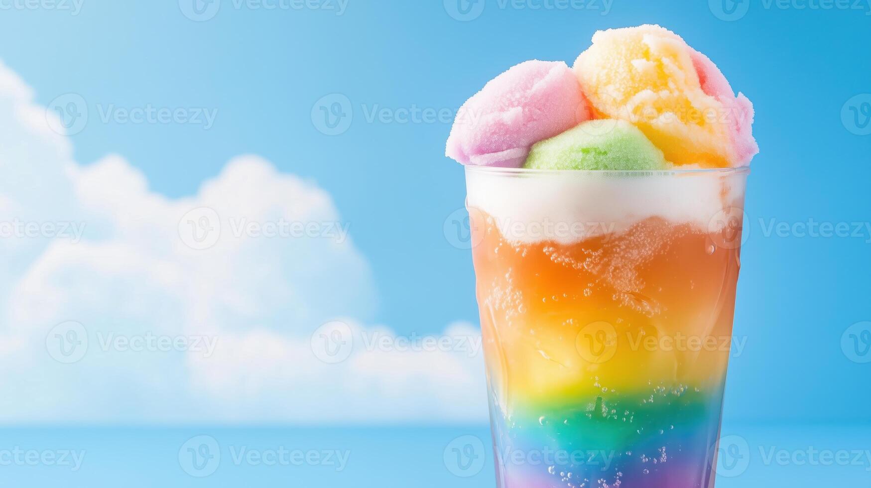Colorful Rainbow Soda Float with Scoops of Sherbet and Fizz photo