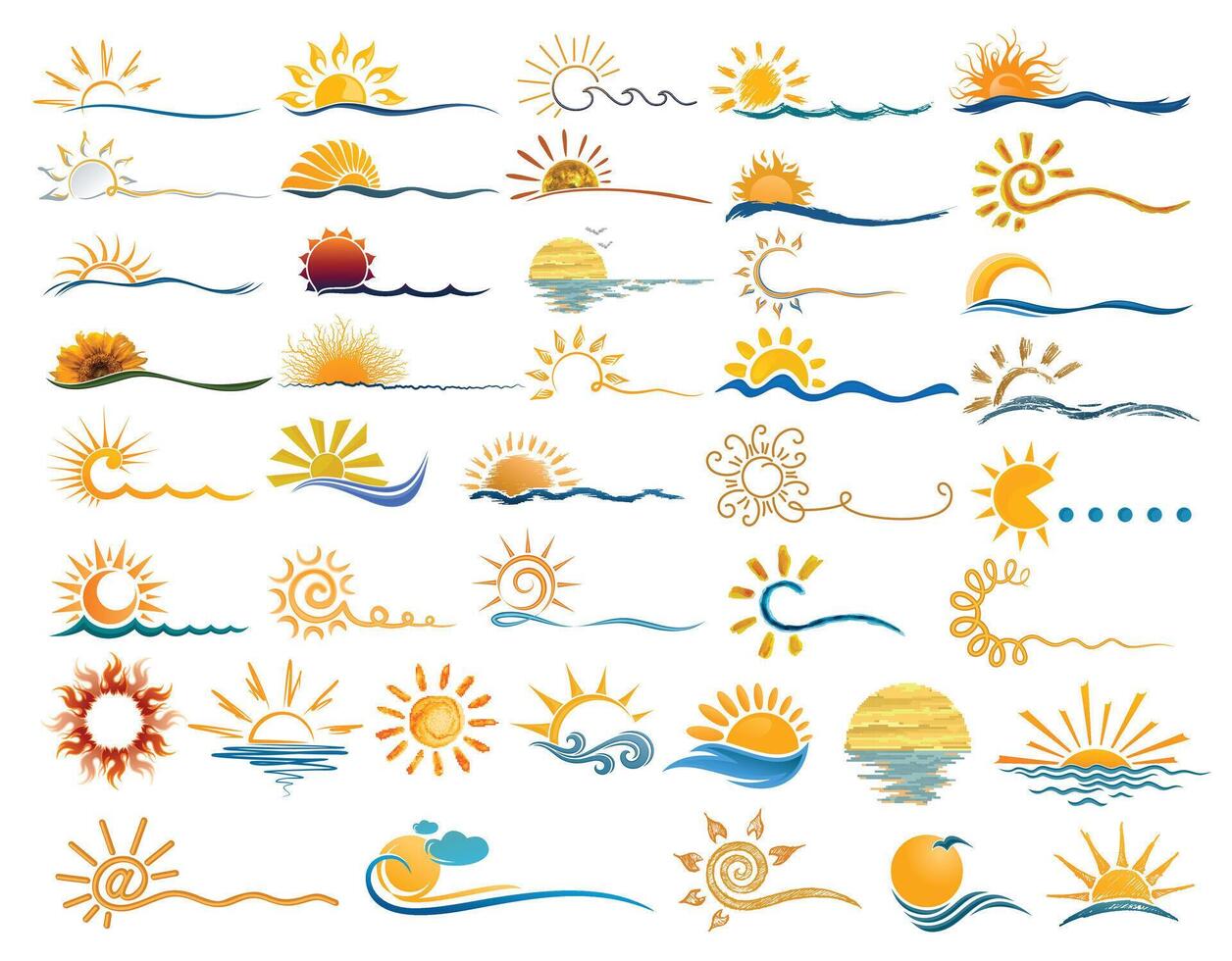 Big set stylized logos of the sun and sea. vector