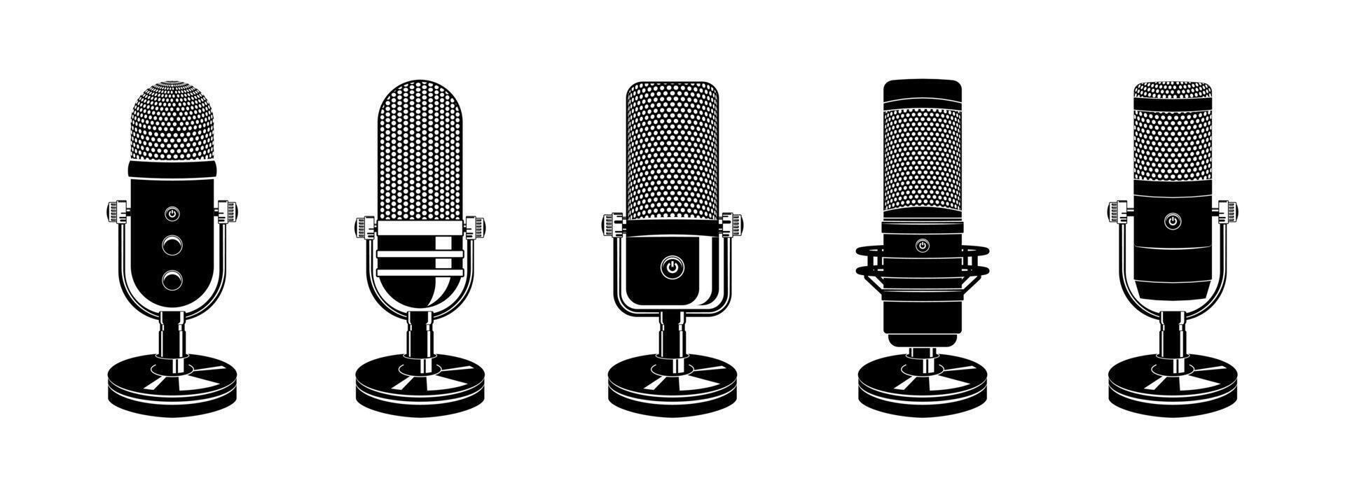 Set of microphone web icon . Flat retro music, studio and radio mic sign collection. Black silhouette design. vector