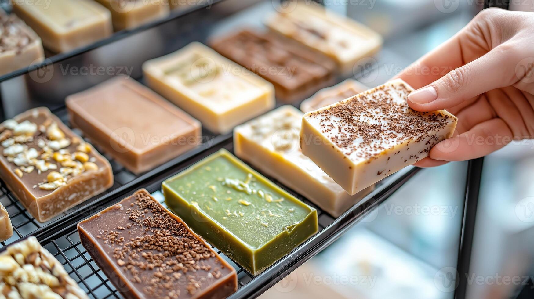 Assorted handmade soaps displayed on shelf with hand reaching for a bar photo