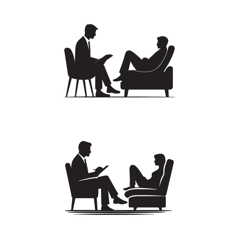 Two silhouettes of people sitting on chairs and talking vector