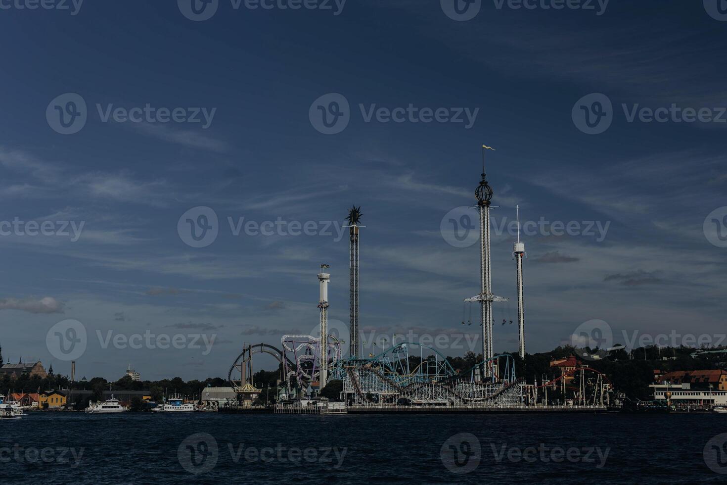 Amusement park Grona Lund in Djurgarden, Stockholm. Aerial view of Sweden capital. photo