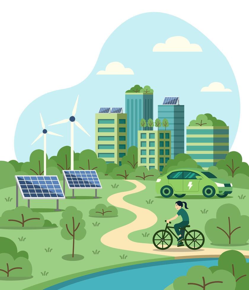 green sustainable city. urban forest, green building included architecture, green roof, solar cell, trees, windmill, biking, EV car, river. vector