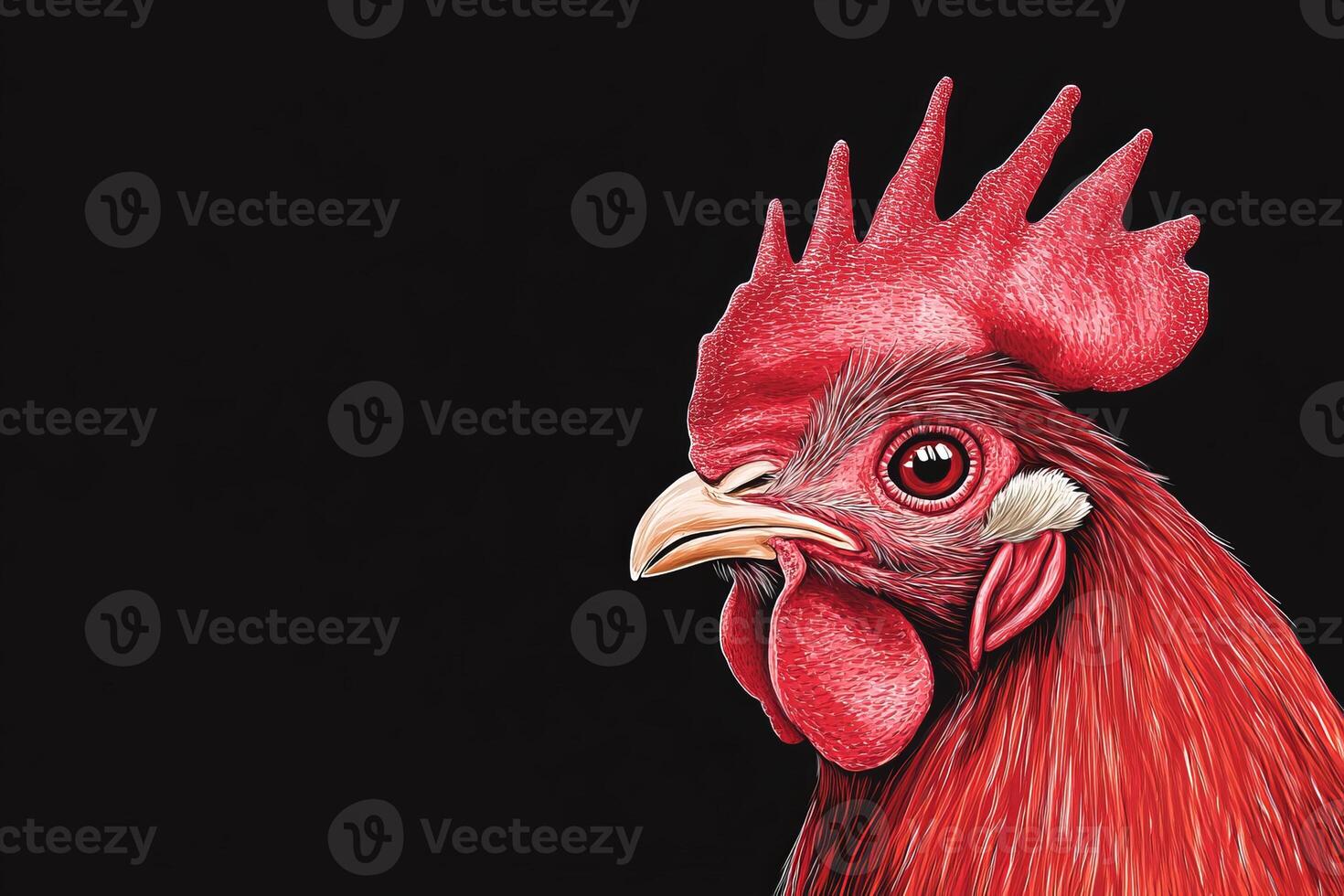 Rooster, showcasing its vibrant red plumage and distinctive features against a dark background photo