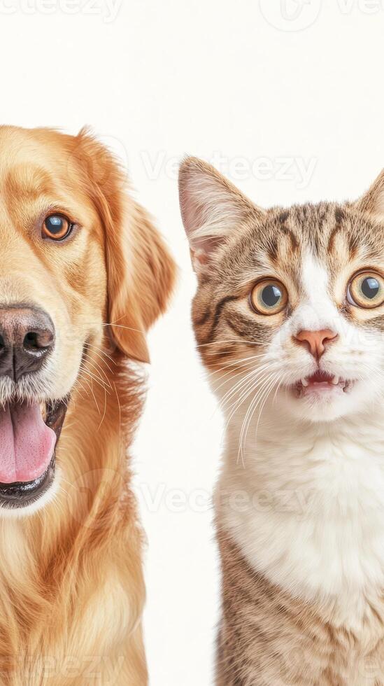 A golden retriever and a playful tabby cat express their happiness in a warm moment, showcasing their friendship and bond in a bright setting photo