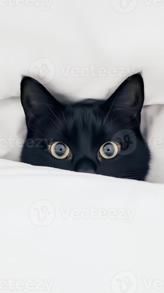 A curious black cat with striking eyes cautiously peeks out from beneath fluffy white blankets, showcasing its playful personality and intrigue photo