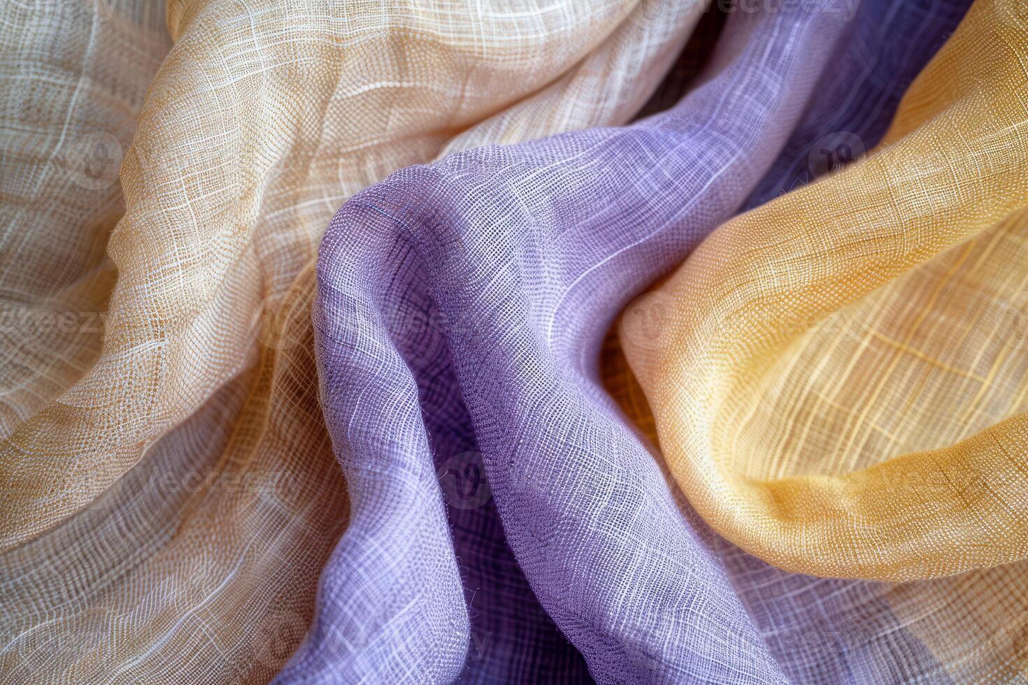 Soft linen fabric features a harmonious blend of pastel colors, highlighting its airy texture and elegant drape in a well-lit setting photo