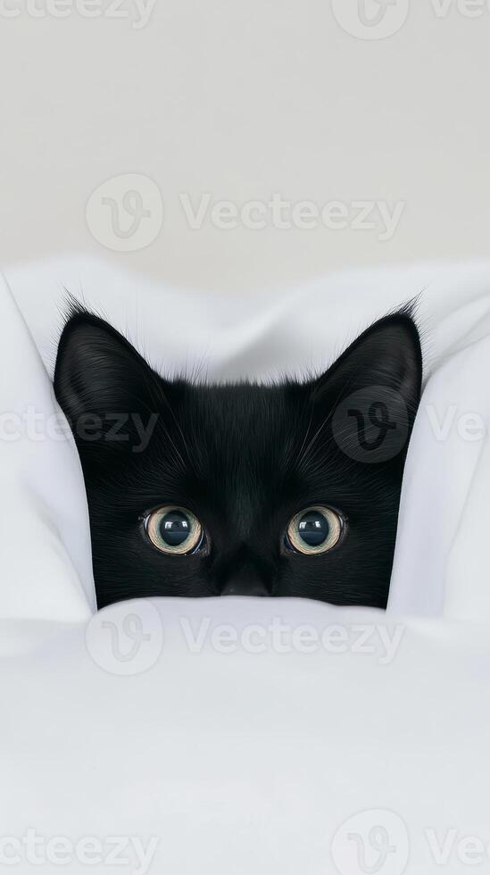 Soft light illuminates a black cat's wide eyes as it curiously peers out from a cozy white blanket, capturing a moment of innocence and playfulness photo