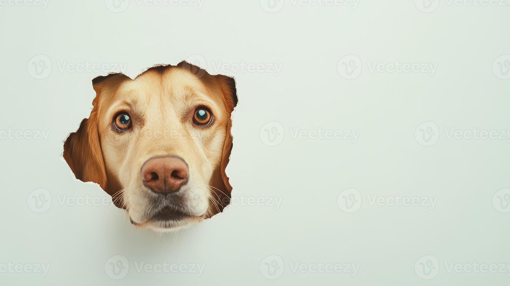 A curious dog peers through a broken hole in a wall, displaying its expressive eyes and inquisitive nature in a playful moment captured indoors photo
