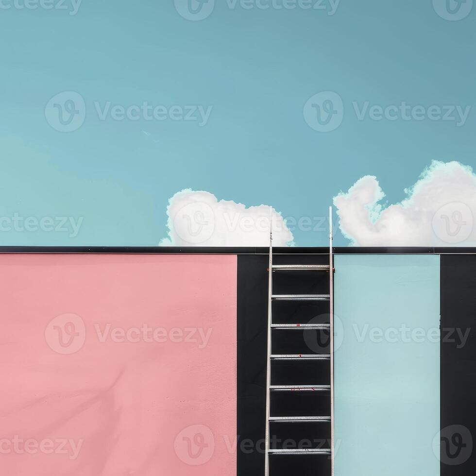 This minimalist artwork showcases a black ladder leaning against pink and blue pastel walls, set against a bright sky with fluffy clouds photo