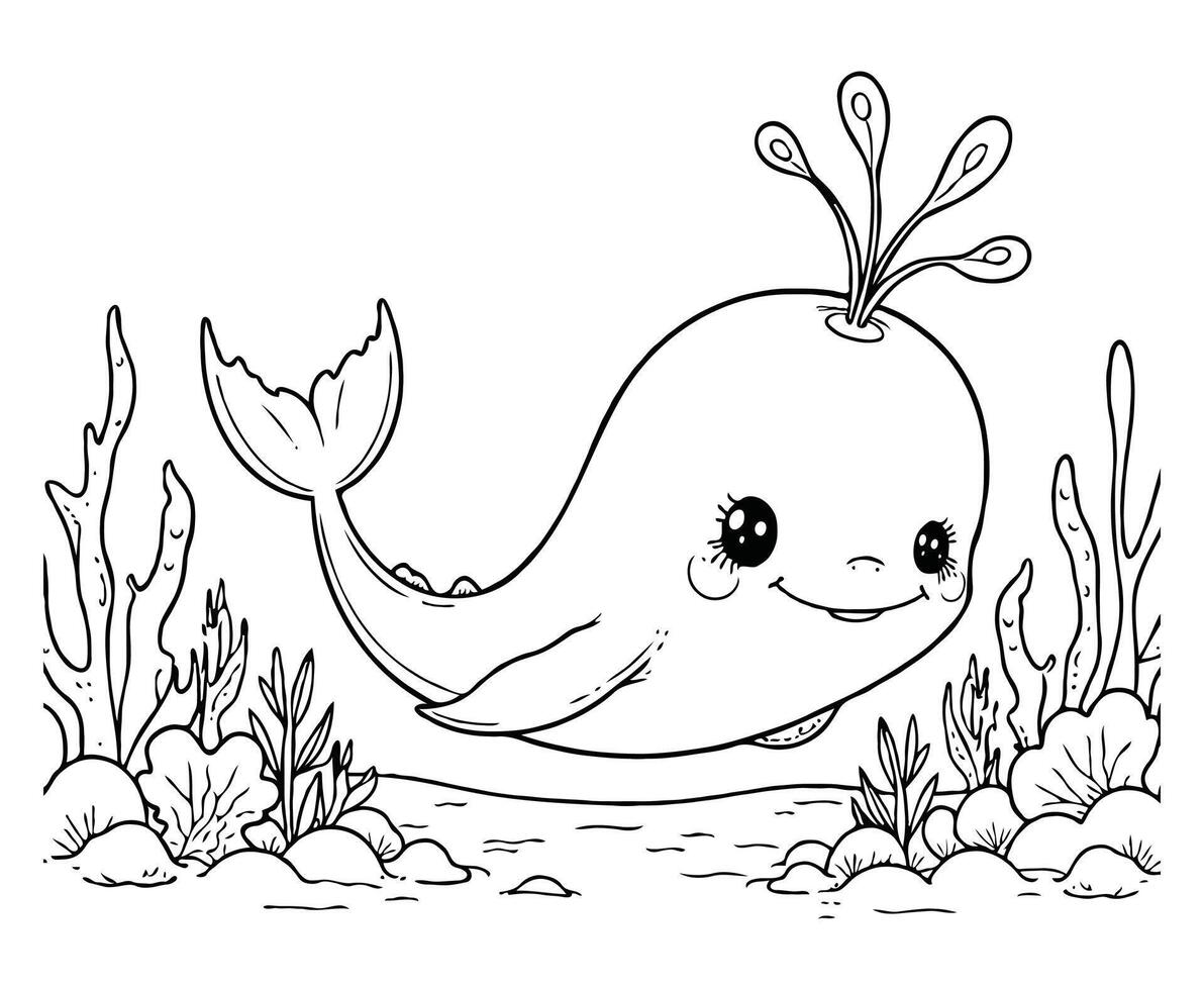 Smiling Whale in Ocean Coloring Page vector