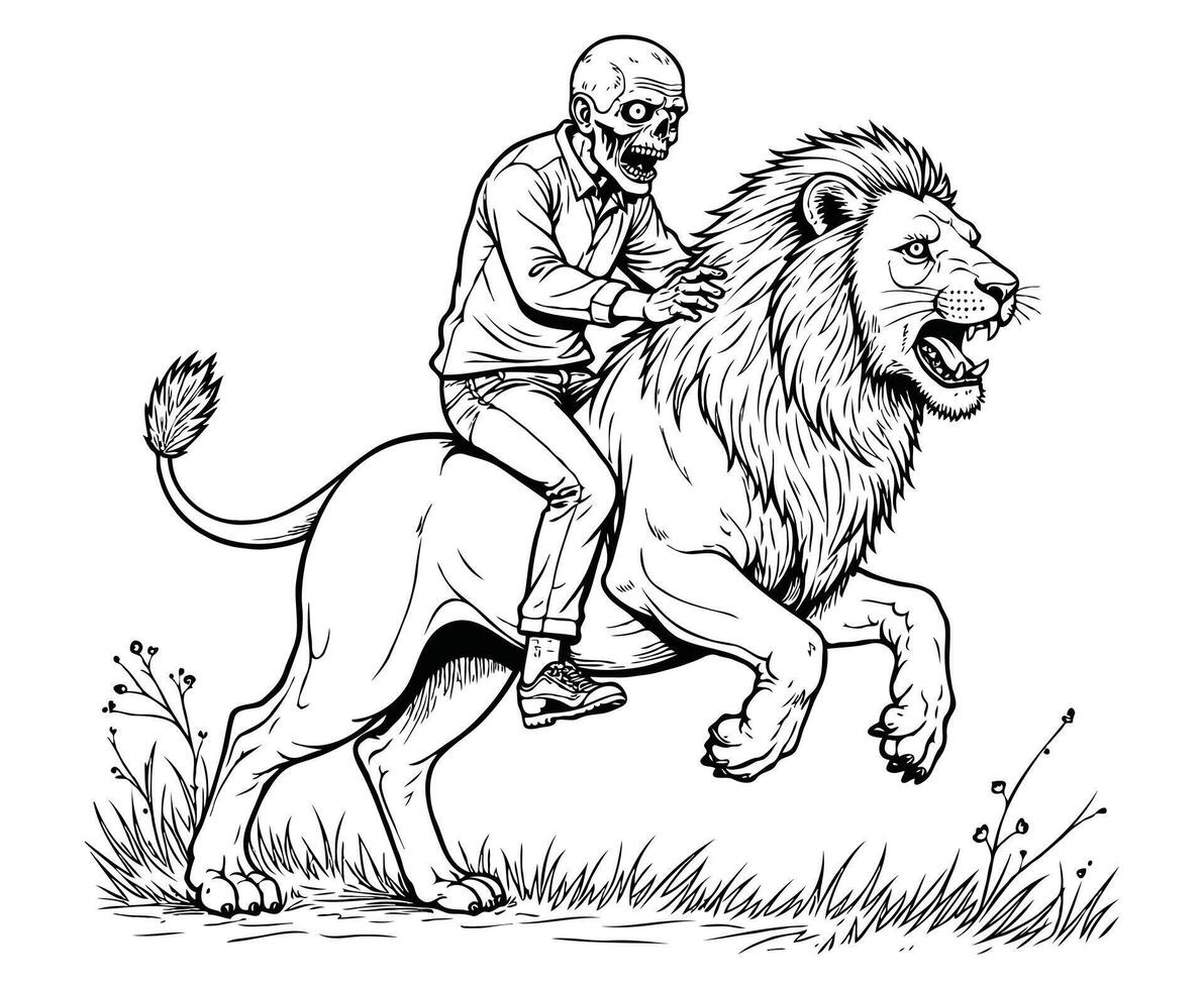 zombie riding on the lion coloring page vector