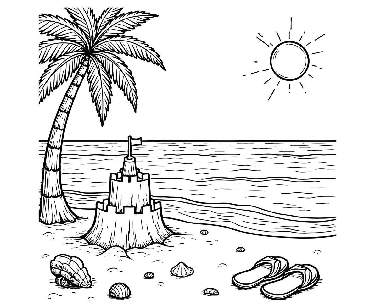 Tropical Beach Scene Summer coloring page vector
