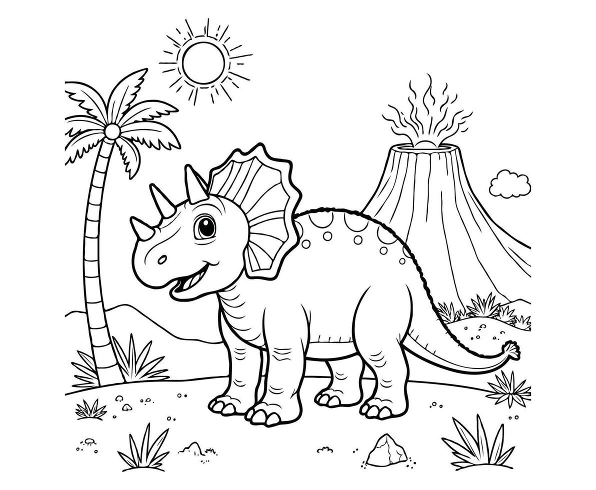 Triceratops Near Bubbling Volcano Coloring Page vector