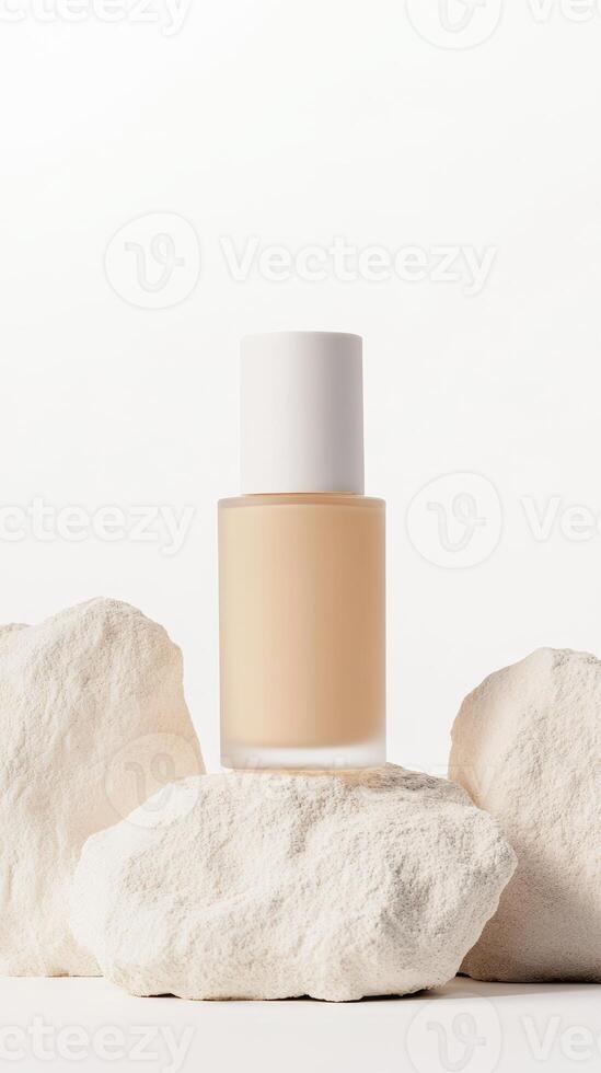 A skincare serum bottle stands elegantly on smooth white stones, showcasing a clean and modern aesthetic in soft, soothing lighting photo