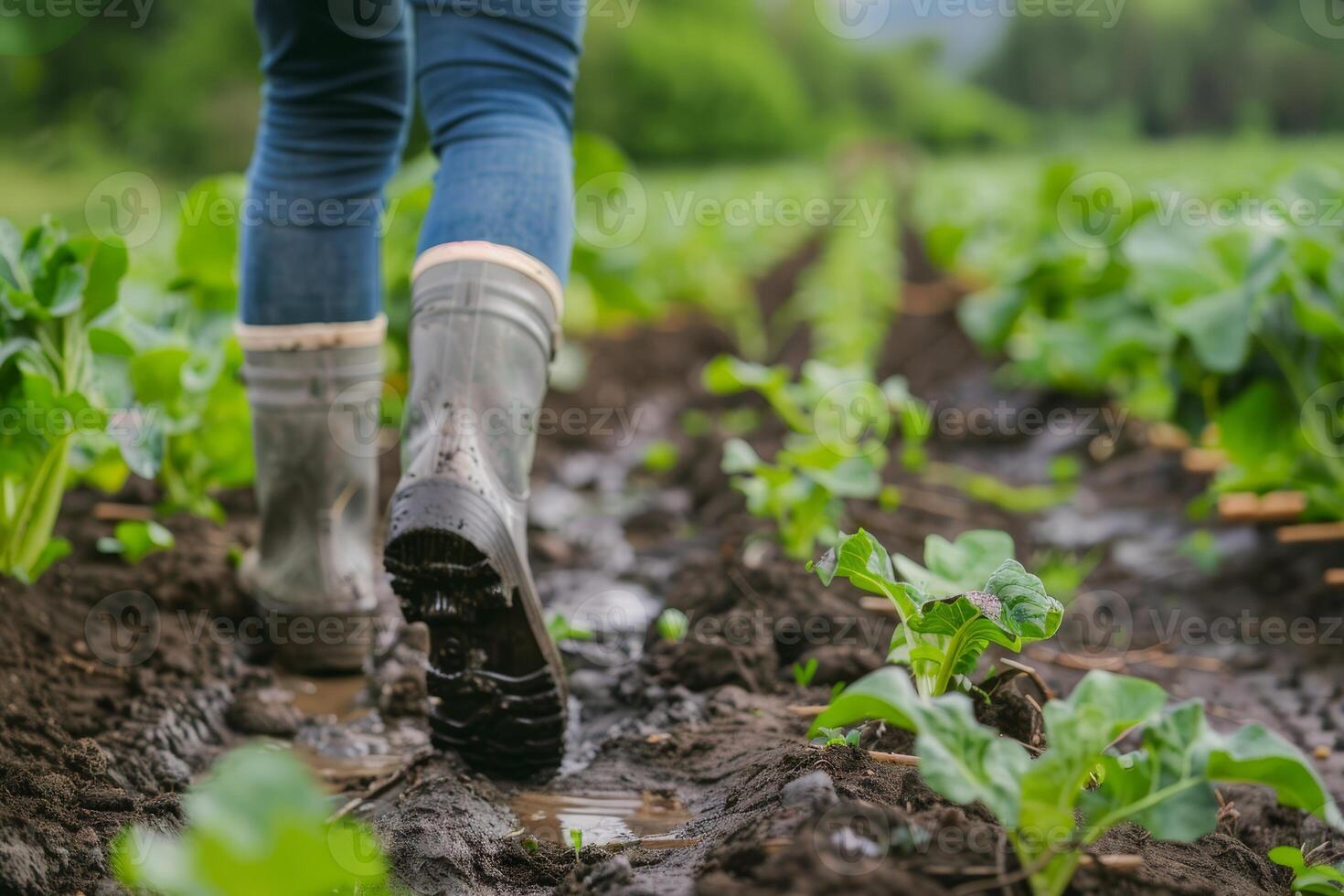 A farmer wearing rain boots walks carefully through a muddy vegetable field, navigating between rows of vibrant green plants photo