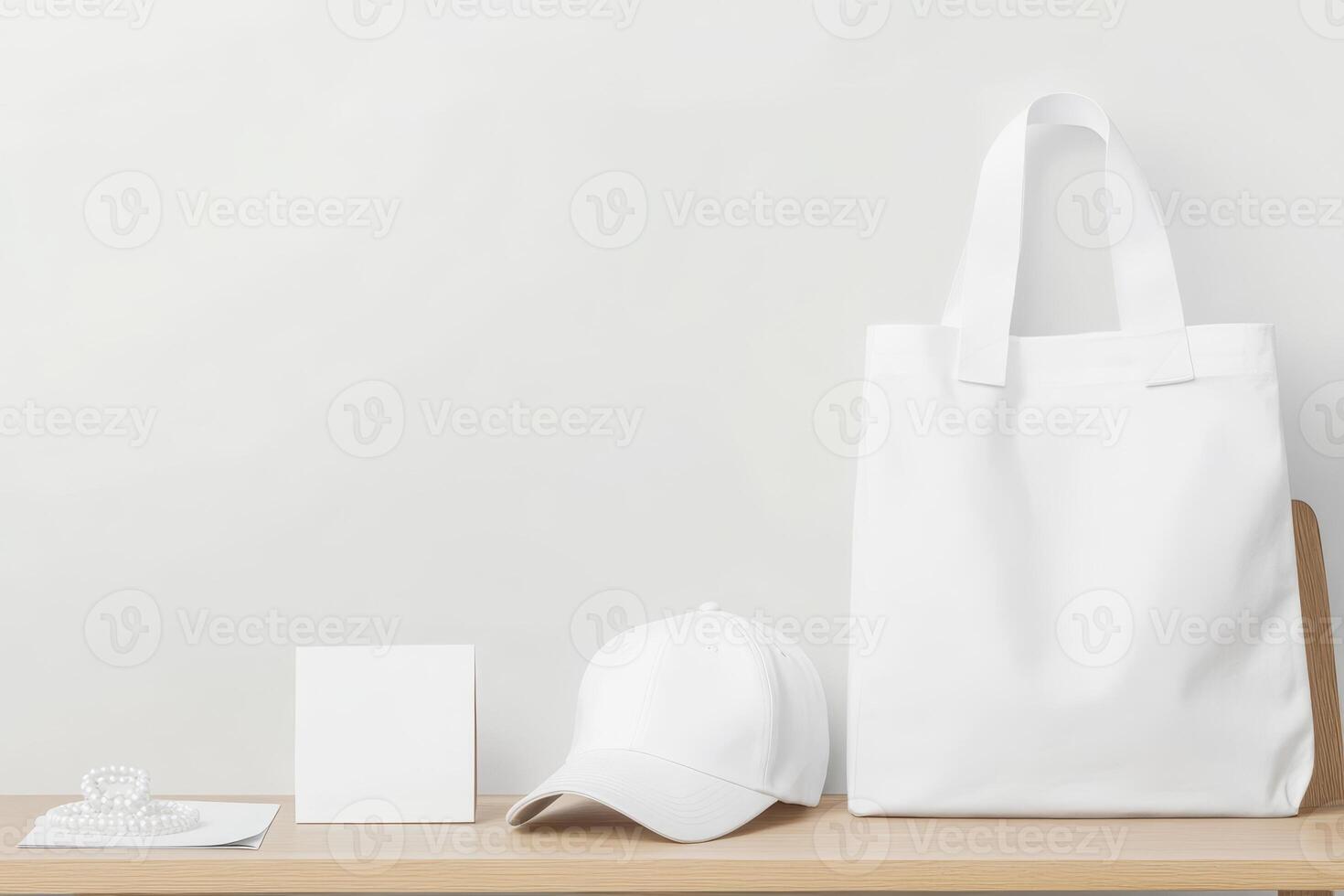 A wooden shelf showcases a white bag, hat, and square notepad, creating a clean and minimalist aesthetic perfect for modern decor photo