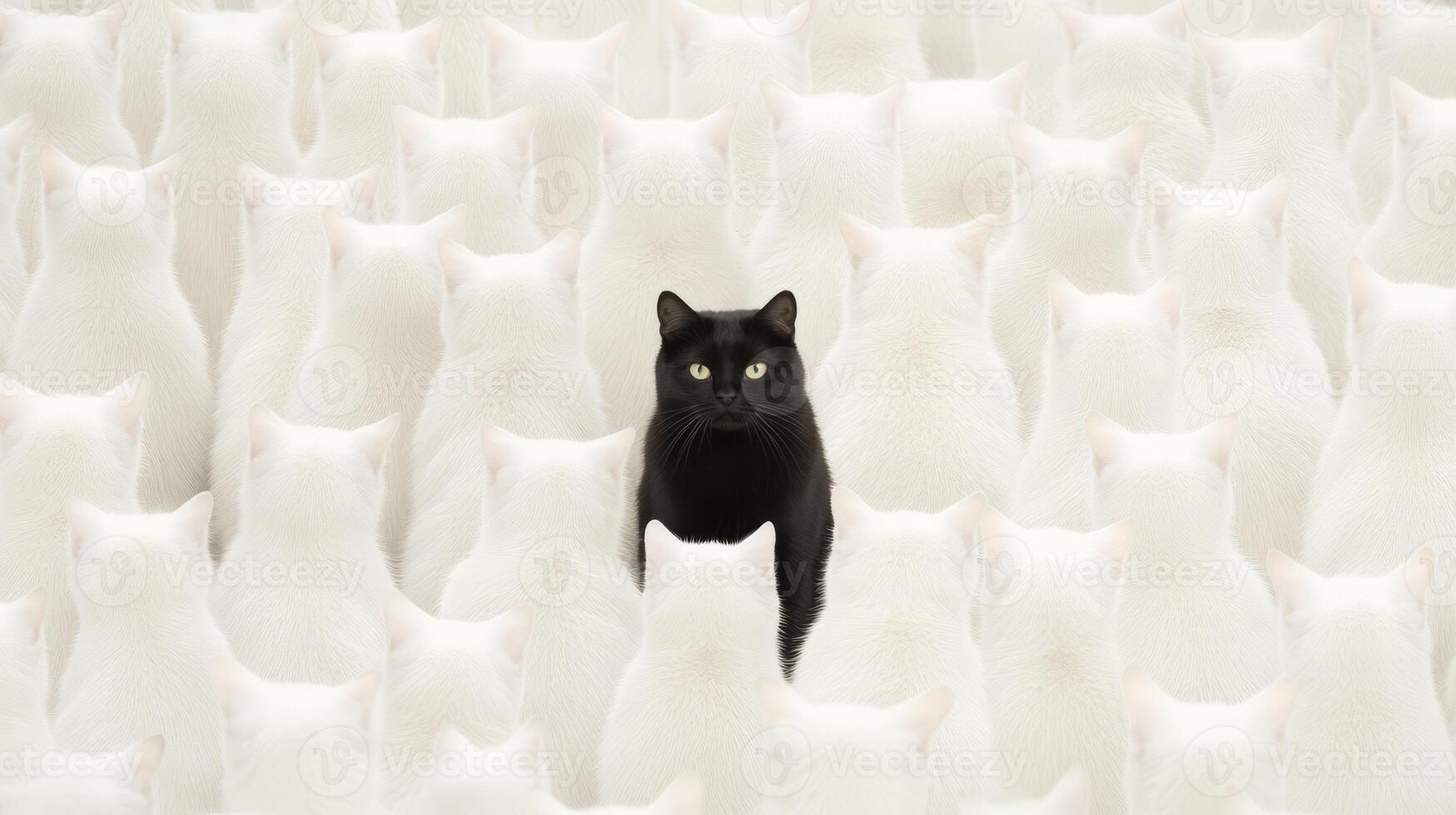 A large group of white cats stands still, all facing the same direction, with one black cat positioned prominently in the center, enhancing the visual impact photo