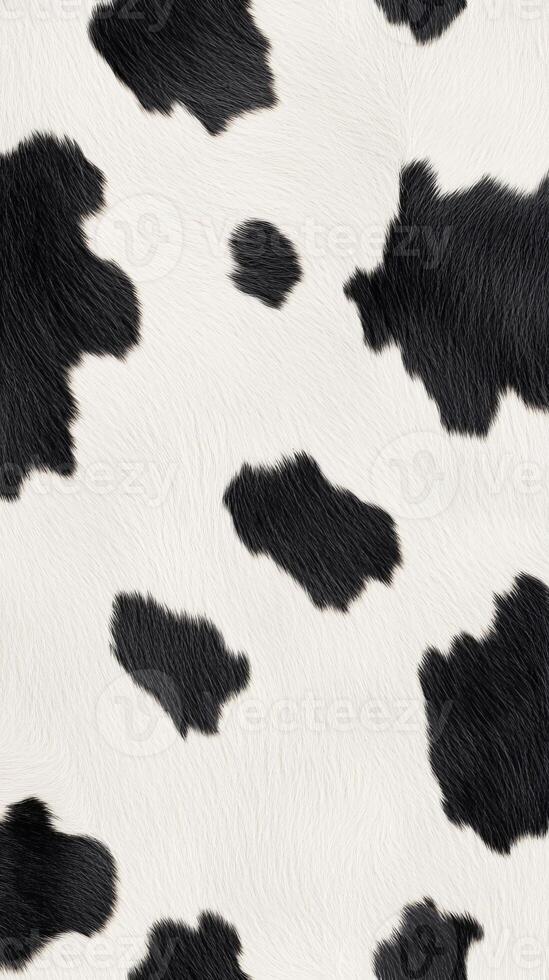 Realistic cowhide pattern displaying an array of black and white patches, showcasing the unique texture and aesthetic typical of natural cowhide materials photo