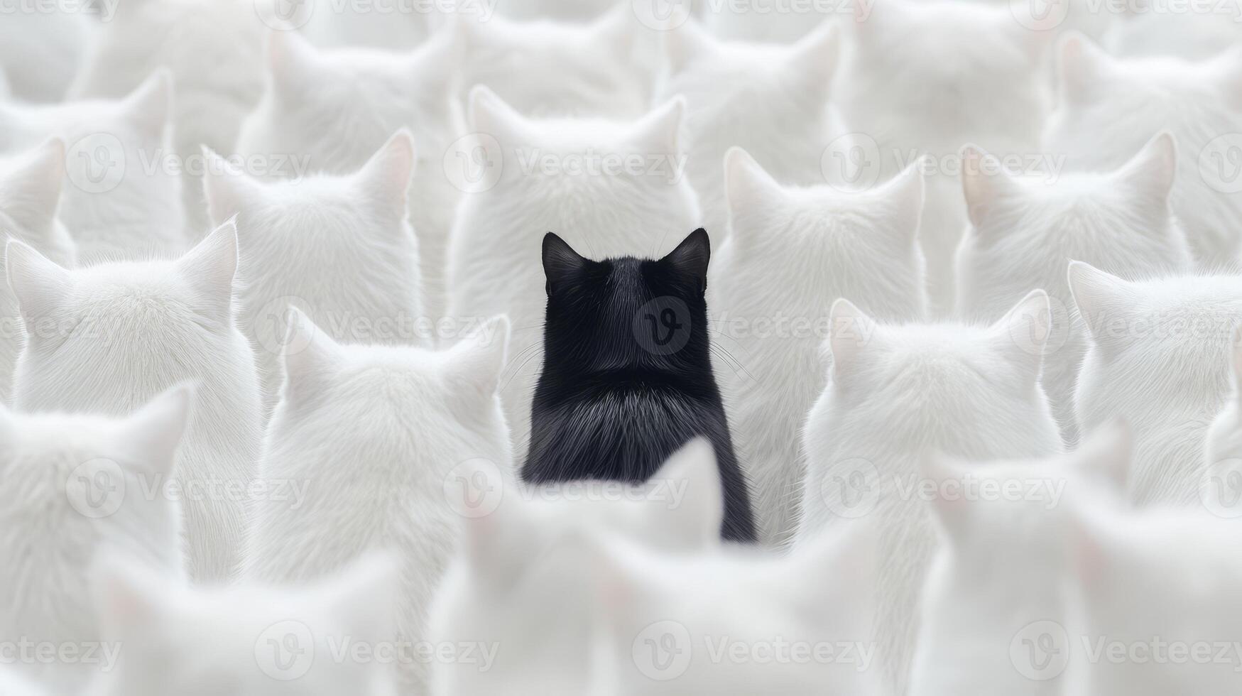 A massive herd of white cats gathers, all facing away, with a single black cat positioned at the center, creating an intriguing focal point photo