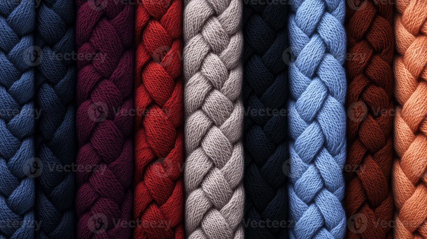 A bold array of rich braided fabrics in deep red, blue, and gray showcases intricate weaving techniques and patterns photo