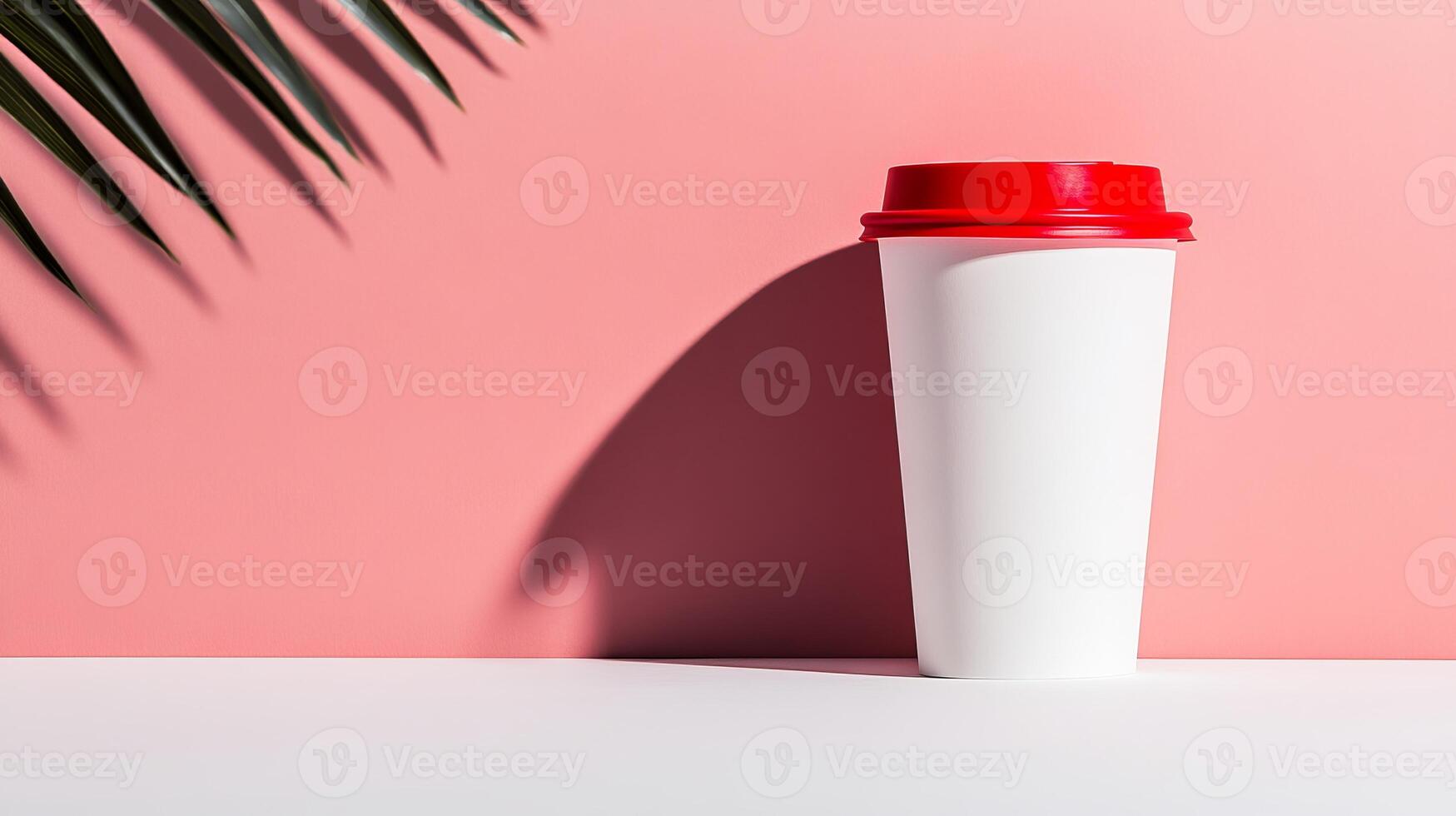 A red cup sitting on a table next to a palm tree photo