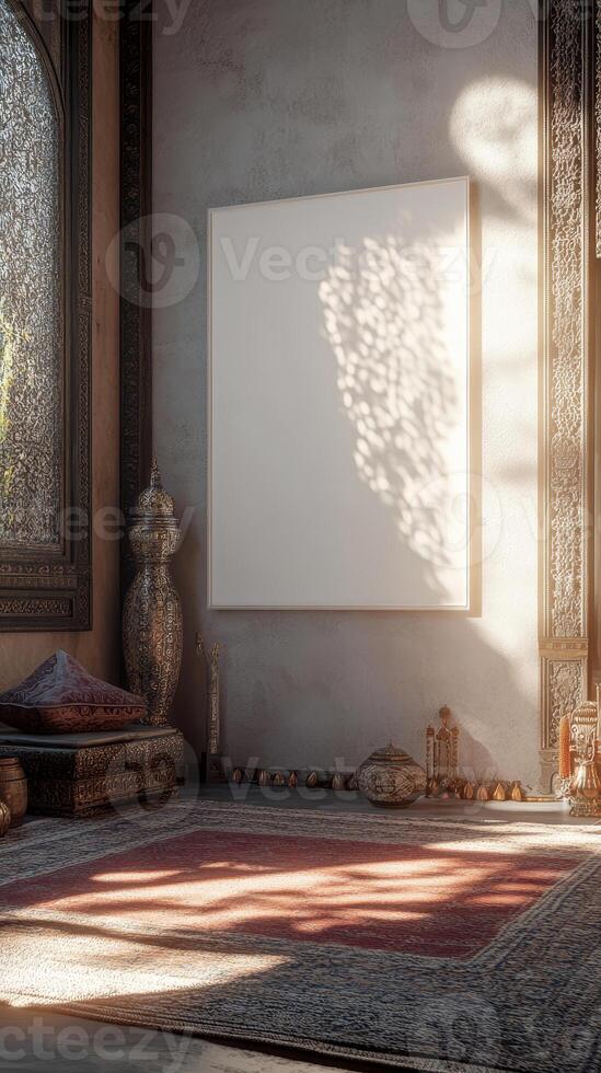 An empty room with a large rug and a large painting photo
