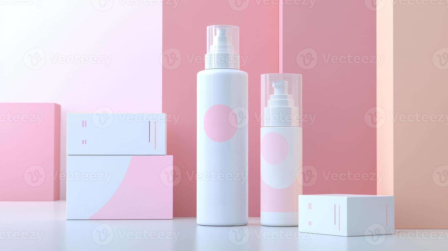 Three boxes with pink and white products on a pink background photo