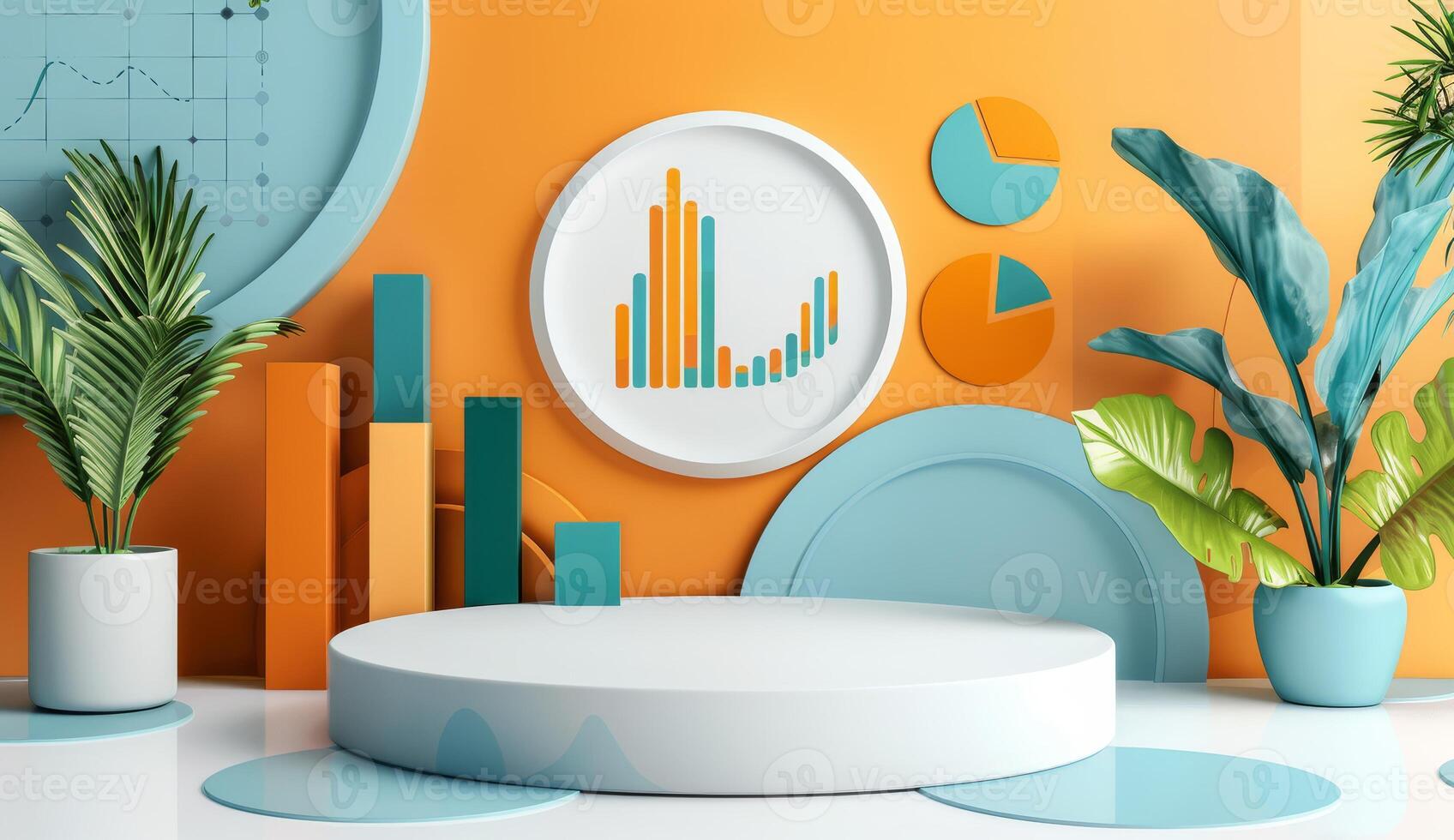 Colorful abstract setup includes a central podium with geometric shapes and plants, creating a modern, inviting atmosphere for presentations photo