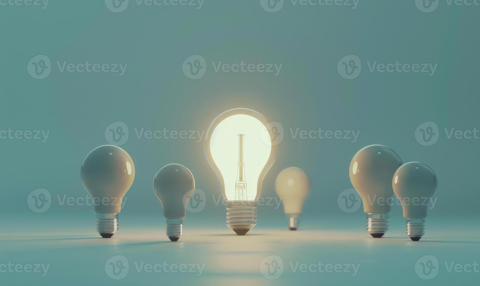 A single glowing bulb illuminates a group of four gray bulbs, creating an inviting atmosphere photo