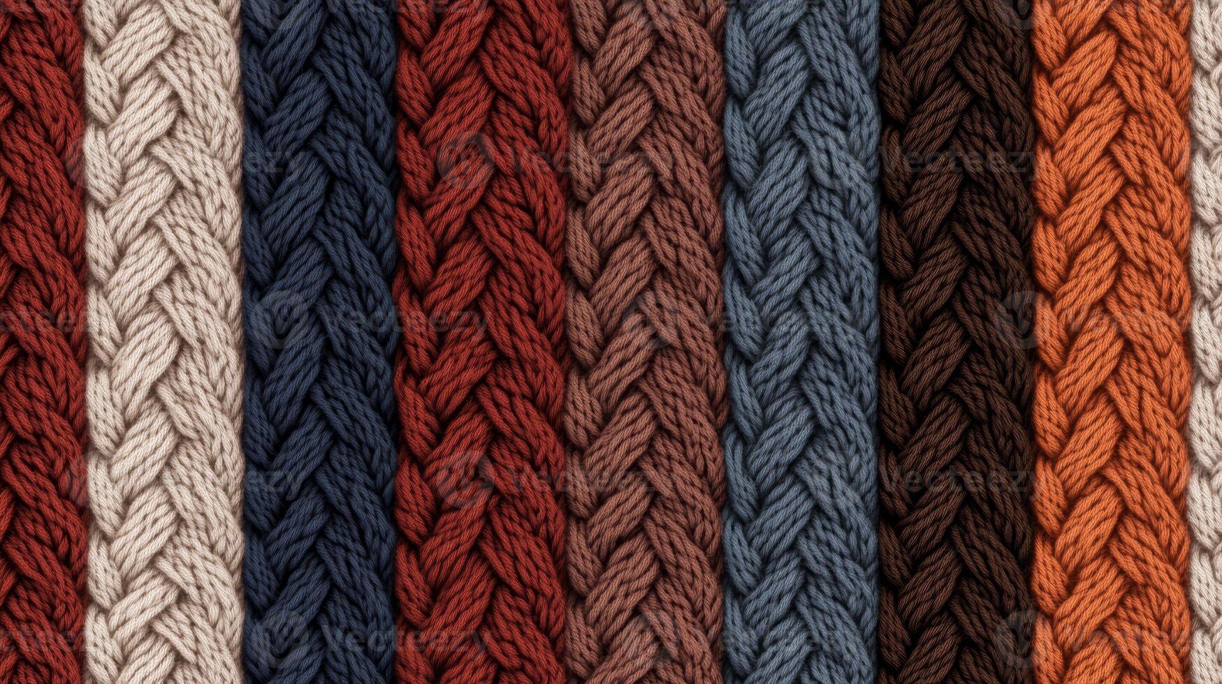 Detailed view of multiple strands of braided fabric in an array of warm and cool colors, perfect for crafting or interior design projects highlighting texture photo