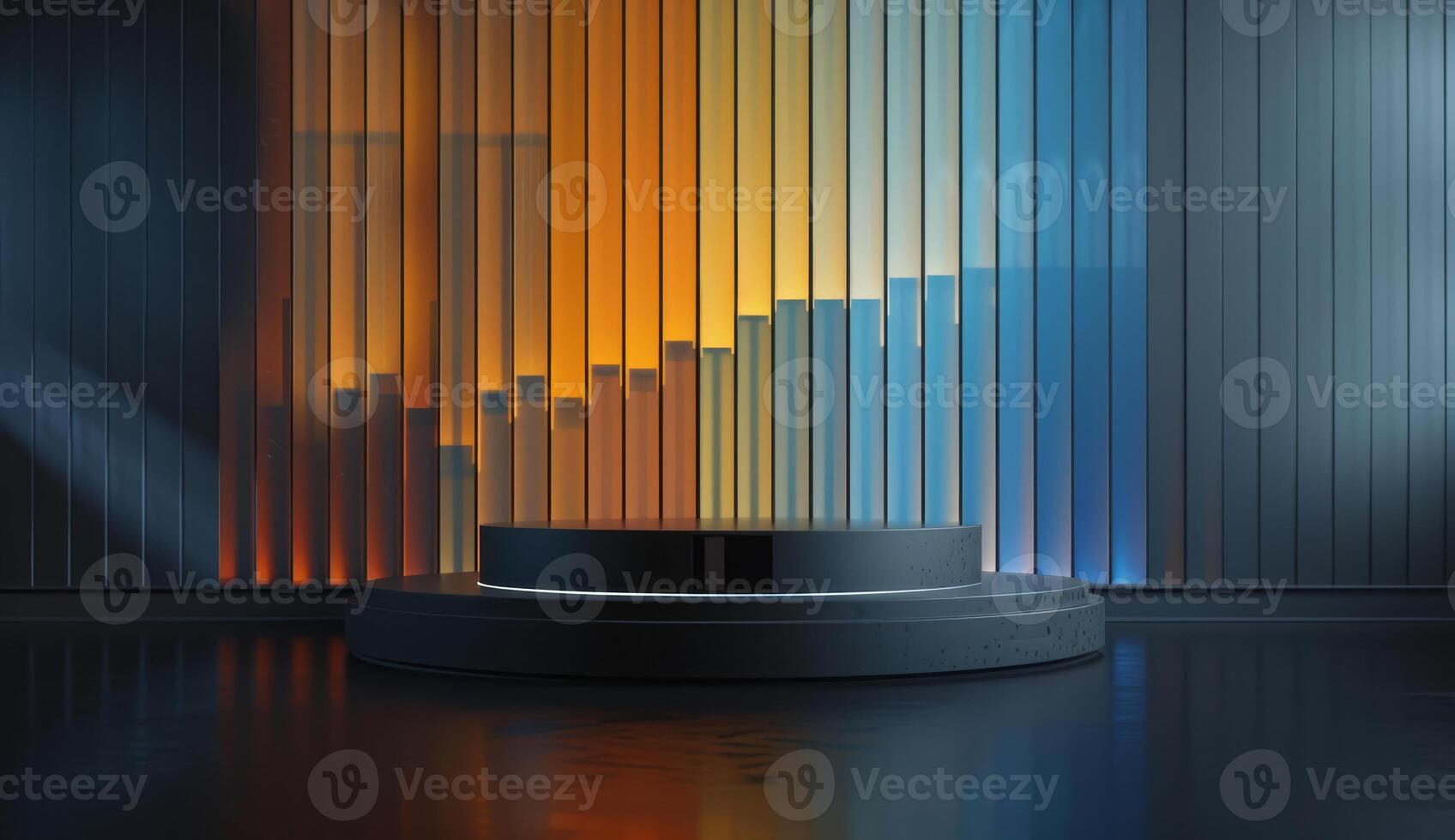 A visually striking abstract setup showcases a podium surrounded by colorful bar graphs, conveying a sense of growth and innovation photo